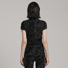 WT-878TDF Ripped Black High-Collar Zippered Punk T-Shirt Women?-??Punk Rave Clothing