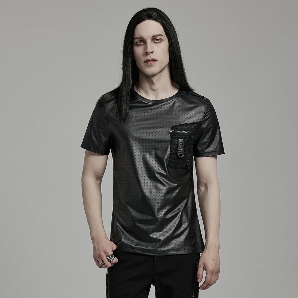 WT-891TDM Edgy black Techwear Punk T-Shirt with Chest Pocket Detailing?-??Punk Rave Clothing