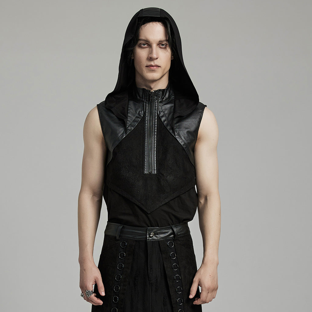 WT-892BXM Gothic Sleeveless Hoodie Zippered Leather Accent Punk Shirt?-??Punk Rave Clothing