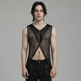WT-893BXM Mesh Hooded Punk Vest with Studded Accents and Flared Hem?-??Punk Rave Clothing