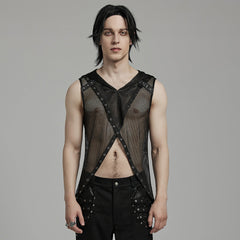 WT-893BXM Mesh Hooded Punk Vest with Studded Accents and Flared Hem?-??Punk Rave Clothing