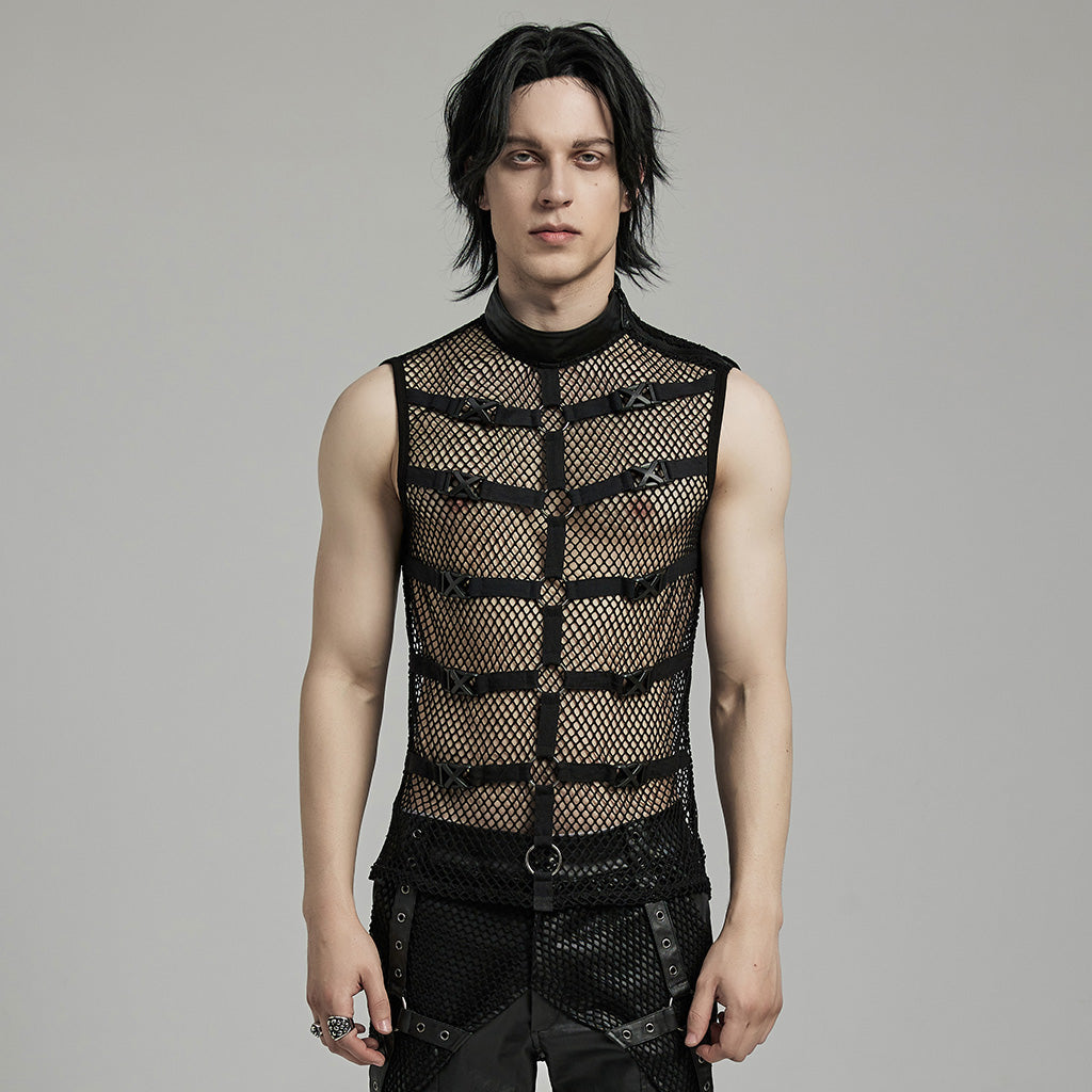WT-902BXM Edgy Mesh Buckle-Accented Sleeveless Punk Shirt Top black?-??Punk Rave Clothing