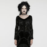 WT-912TCF Gothic Lace Velvet V-Neck Slim Fit Long Sleeve T-Shirt?-??Punk Rave Clothing