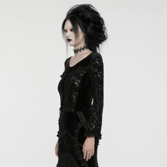 WT-912TCF Gothic Lace Velvet V-Neck Slim Fit Long Sleeve T-Shirt?-??Punk Rave Clothing