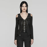 WT-914TCF Gothic Lace-Up Long Sleeve Punk T-Shirt Black Elegance?-??Punk Rave Clothing