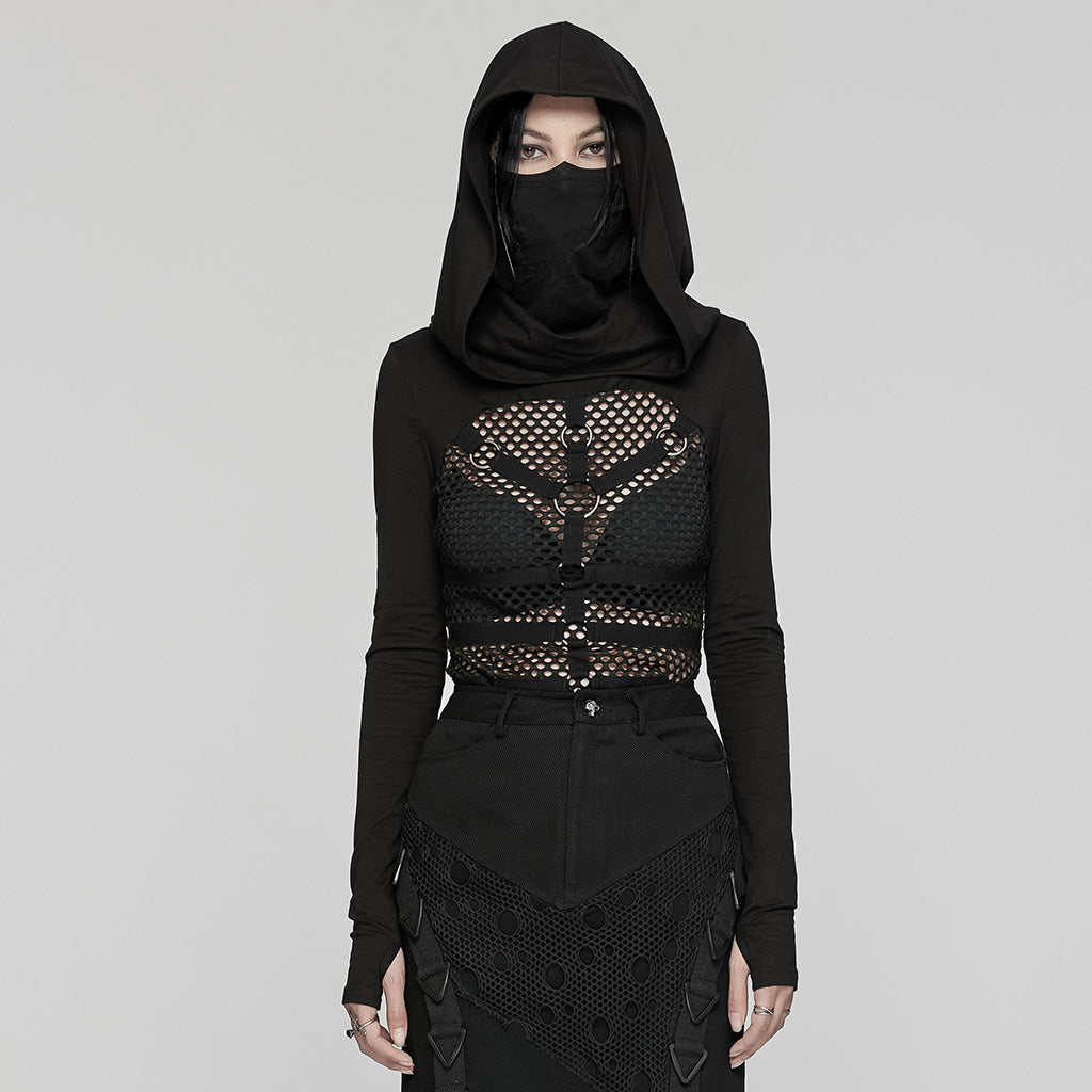 WT-916TCF Edgy Mesh Hooded black Punk T-Shirt with Intricate Patterns?-??Punk Rave Clothing