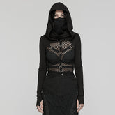 WT-916TCF Edgy Mesh Hooded black Punk T-Shirt with Intricate Patterns?-??Punk Rave Clothing