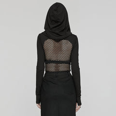 WT-916TCF Edgy Mesh Hooded black Punk T-Shirt with Intricate Patterns?-??Punk Rave Clothing
