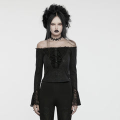 WT-921TCF Gothic Lace Off-Shoulder Ruffle Slim Fit Long Sleeve T-Shirt?-??Punk Rave Clothing