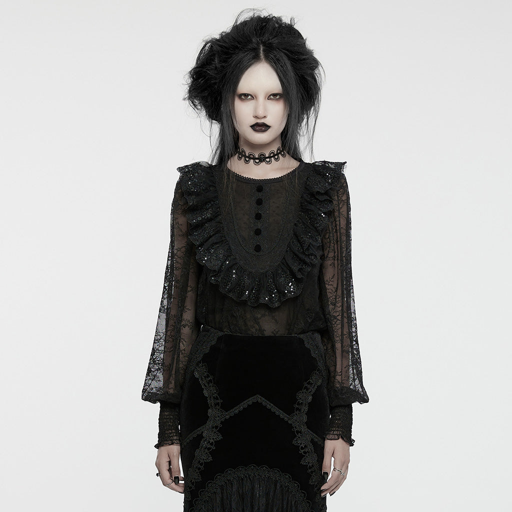 WT-926TCF Gothic Lace Ruffle Shirt Sheer Victorian Style Top?-??Punk Rave Clothing