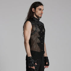 WT-938BXM Mesh Pattern Sleeveless Punk T-Shirt Studded Leather Straps?-??Punk Rave Clothing