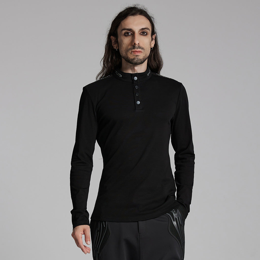 WT-939TCM Mens Black Buttoned Long Sleeve Punk T-Shirt?-??Punk Rave Clothing