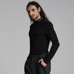 WT-939TCM Mens Black Buttoned Long Sleeve Punk T-Shirt?-??Punk Rave Clothing