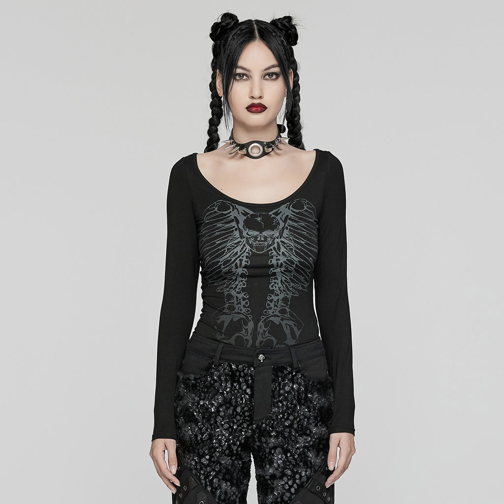 WT-945TCF Gothic Skeleton Backbone Chain Punk Long Sleeve T-Shirt?-??Punk Rave Clothing