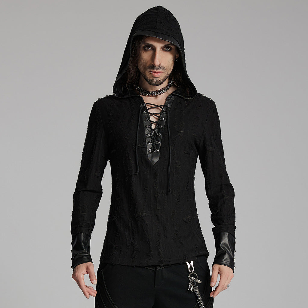 WT-948DQM Gothic Lace-Up Hooded Punk T-Shirt Long Sleeve Black?-??Punk Rave Clothing