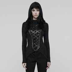 WT-958TCF Gothic Lace-Up Hooded Punk T-Shirt Long Sleeve Top