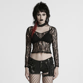 WT-985TCF Edgy Fishnet Punk T-Shirt Gothic Mesh Long Sleeve Top