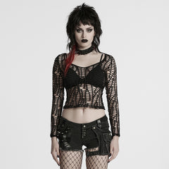 WT-985TCF Edgy Fishnet Punk T-Shirt Gothic Mesh Long Sleeve Top