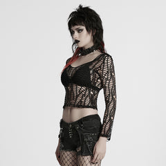 WT-985TCF Edgy Fishnet Punk T-Shirt Gothic Mesh Long Sleeve Top