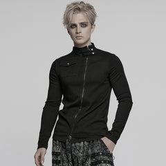 WT-998TCM Edgy Asymmetric Zip Punk T-Shirts with Military Collar