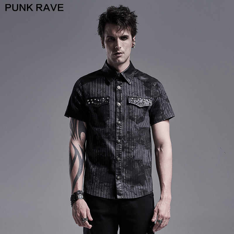 WY-1292CDM Punk abstract striped printed short sleeve shirt?-??Punk Rave Clothing