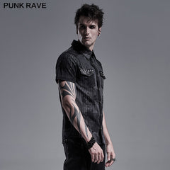 WY-1292CDM Punk abstract striped printed short sleeve shirt?-??Punk Rave Clothing