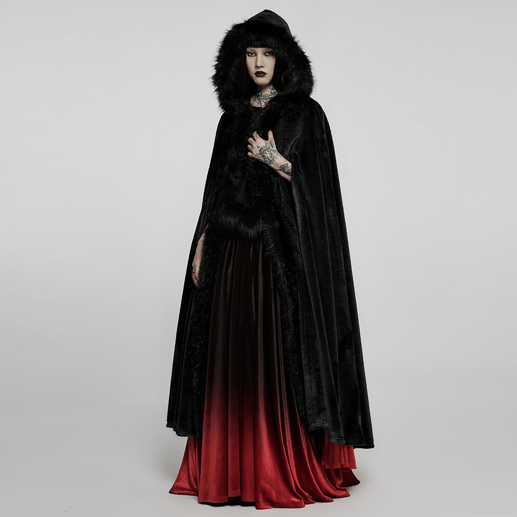 WY-1423DPF Elegant Gothic Faux Fur Hooded Cloak Long Coat?-??Punk Rave Clothing