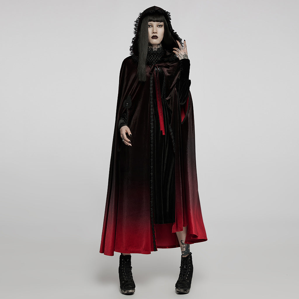 WY-1426DPF Velvet Gradient Hooded Gothic Coat With Lace Trim Detailing?-??Punk Rave Clothing