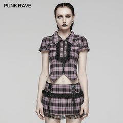 WY-1460DQF Punk Rave Gothic T-Shirt Plaid Crop Top with Studded Details?-??Punk Rave Clothing