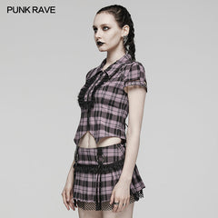 WY-1460DQF Punk Rave Gothic T-Shirt Plaid Crop Top with Studded Details?-??Punk Rave Clothing