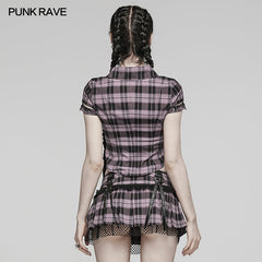 WY-1460DQF Punk Rave Gothic T-Shirt Plaid Crop Top with Studded Details?-??Punk Rave Clothing