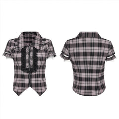 WY-1460DQF Punk Rave Gothic T-Shirt Plaid Crop Top with Studded Details?-??Punk Rave Clothing