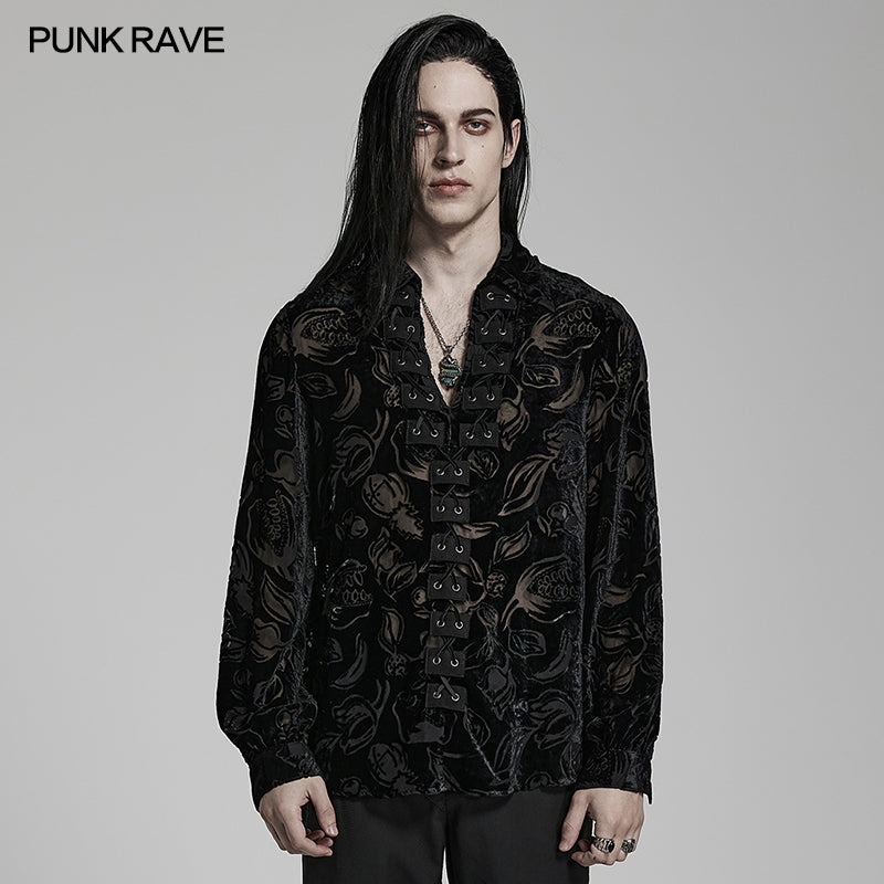 WY-1468CCM Goth piranha pattern velvet shirt?-??Punk Rave Clothing