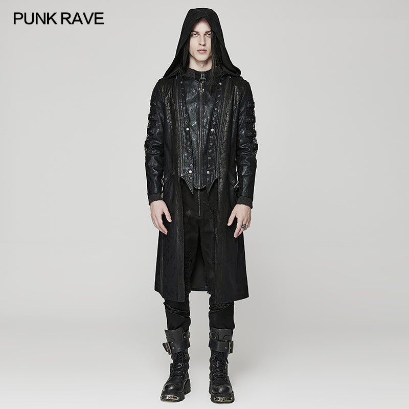WY-1471XCM Punk distressed hooded hollow long coat?-??Punk Rave Clothing