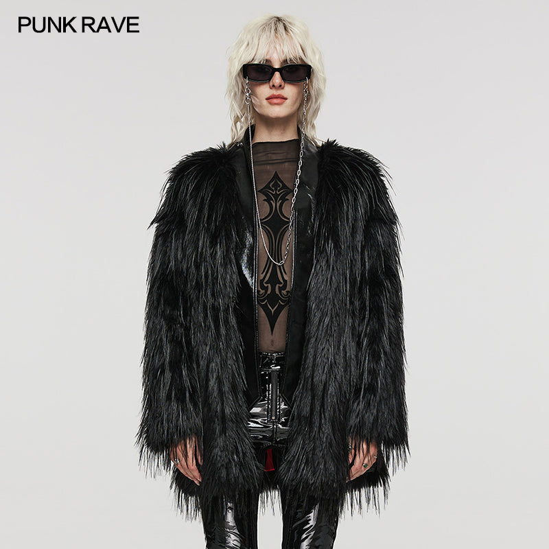 WY-1499 Punk Rave Gothic Faux Fur Coat Shaggy Black Punk Outerwear?-??Punk Rave Clothing