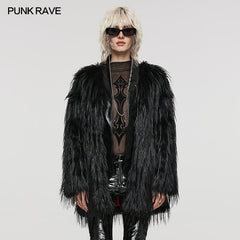 WY-1499 Punk Rave Gothic Faux Fur Coat Shaggy Black Punk Outerwear?-??Punk Rave Clothing