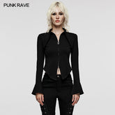WY-1516CCF Punk Rave Gothic Blouse Slim Fit Black Zip-Up Top Bell Sleeve?-??Punk Rave Clothing