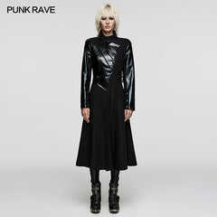 WY-1532ECF Punk Rave Gothic Coat Asymmetrical black Leather Panel Long Trench?-??Punk Rave Clothing