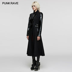 WY-1532ECF Punk Rave Gothic Coat Asymmetrical black Leather Panel Long Trench?-??Punk Rave Clothing