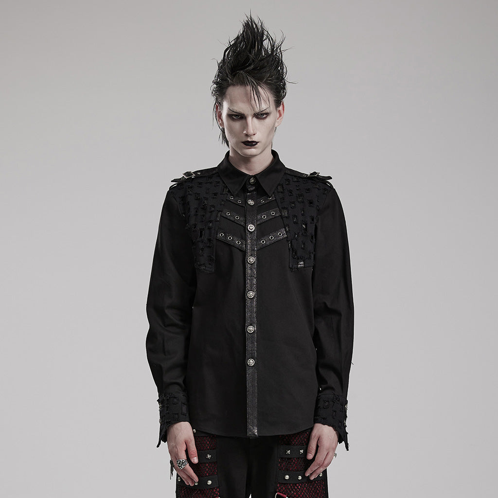 WY-1552CCM Gothic Punk Studded Long Sleeve Shirt with Button Embellishments?-??Punk Rave Clothing