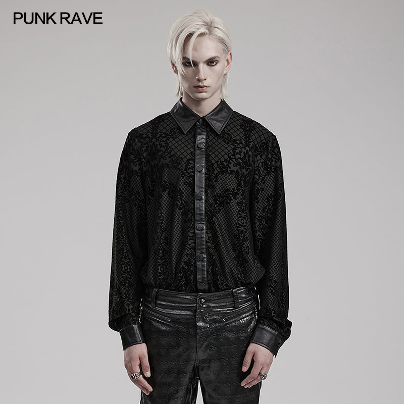 WY-1554CCM Punk Rave Gothic Shirt Velvet Jacquard Button-Up with Leather Trim?-??Punk Rave Clothing