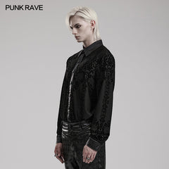 WY-1554CCM Punk Rave Gothic Shirt Velvet Jacquard Button-Up with Leather Trim?-??Punk Rave Clothing