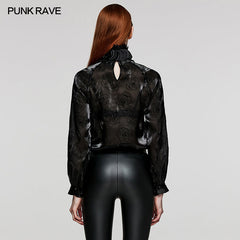 WY-1563CCF Punk Rave Gothic Shirt black Satin High Neck Blouse with Floral Jacquard?-??Punk Rave Clothing