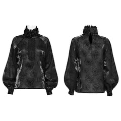 WY-1563CCF Punk Rave Gothic Shirt black Satin High Neck Blouse with Floral Jacquard?-??Punk Rave Clothing
