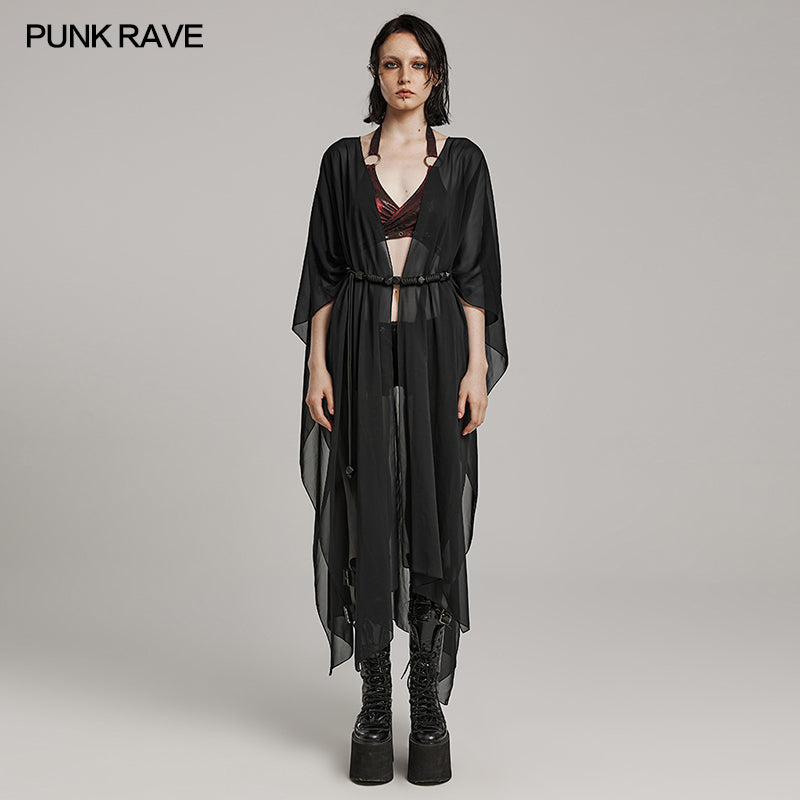 WY-1566DPF Punk Rave Gothic Shirt Sheer Long Drape Kimono Top with Belt?-??Punk Rave Clothing