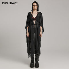 WY-1566DPF Punk Rave Gothic Shirt Sheer Long Drape Kimono Top with Belt?-??Punk Rave Clothing