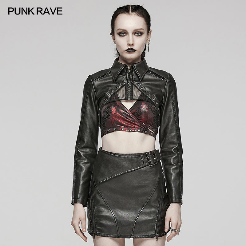 WY-1568PDF Punk Rave Punk Jacket Cropped Faux Leather Zip-Up with Studded Details?-??Punk Rave Clothing