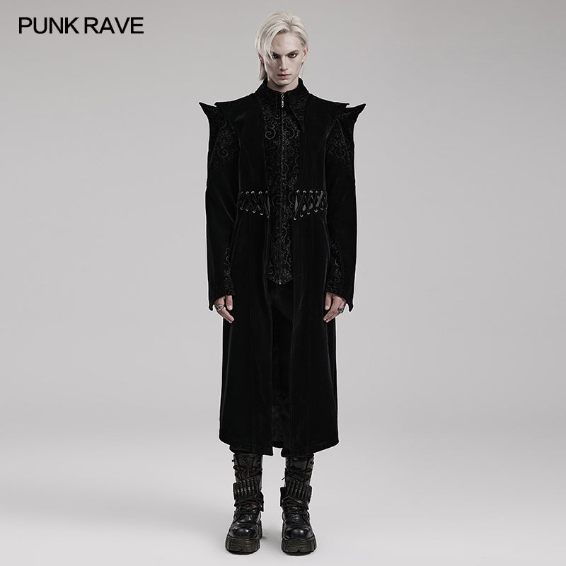 WY-1570XCM Punk Rave Gothic Coat Long black Velvet Victorian Trench with Spiked Shoulders?-??Punk Rave Clothing