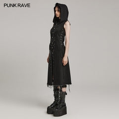 WY-1574MJF Punk Rave Punk Vest Sleeveless Long Hooded Denim Vest with Distressed Details?-??Punk Rave Clothing