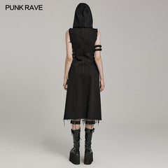 WY-1574MJF Punk Rave Punk Vest Sleeveless Long Hooded Denim Vest with Distressed Details?-??Punk Rave Clothing